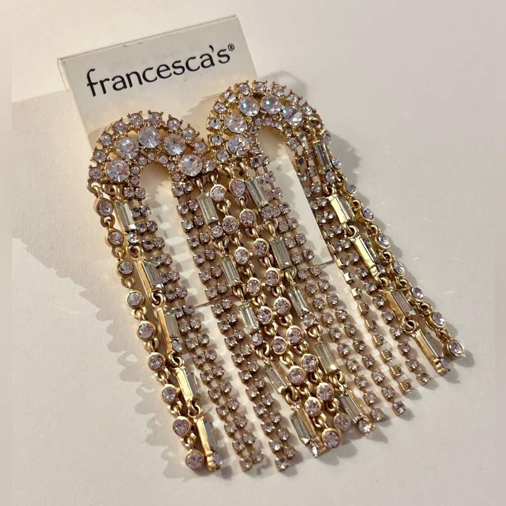 Francesca's Collections Gold and Crystal Fringe Drop Earrings